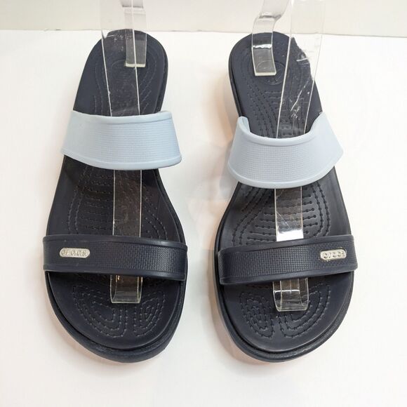 Crocs Madeira Wedge Slide Sandals Women's 9 Navy Blue Light Blue 2-Strap Comfort - Picture 2 of 14